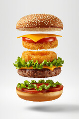 Exploded Gourmet Burger with Floating Ingredients &ndash; High-Resolution Deconstructed Cheeseburger on White Background, Luxury Food Photography