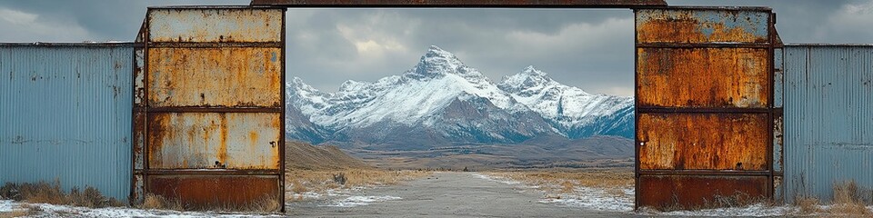 A rusty gate is open to reveal a snowy mountain range