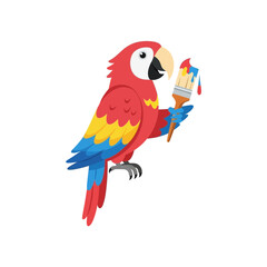 Fototapeta premium Colorful parrot holding an ice cream cone on a white background.