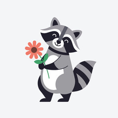 Cute cartoon raccoon holding a flower.