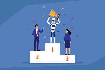 AI Takes the Gold: An Artificial Intelligence Robot Wins First Place on a Podium, Holding a Trophy Above a Man and a Woman in Second and Third Place 2d flat vector illustration