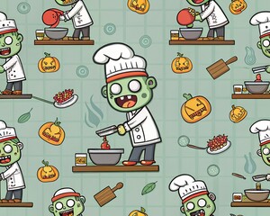 Halloween Zombie Cook Making Creepy Food in Funny Cartoon Style