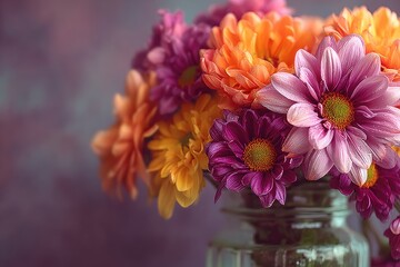 Colorful bouquet of chrysanthemums in a glass vase, soft focus, bokeh background