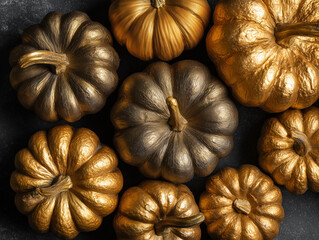 Decorative pumpkins on dark background, top view. Autumn harvest