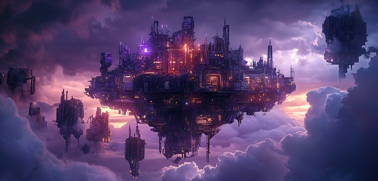 Impossible gear palace hovering in stormy sky with cyberpunk reflections and surreal machine forms electric purple atmosphere