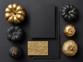 Creative layout made of black and gold pumpkins on black background. Autumn concept. Flat lay, top view, copy space