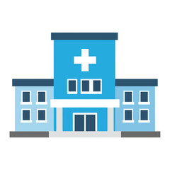 Obraz premium Blue hospital building with a white cross and windows in a flat design.