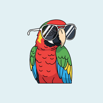 A colorful parrot wearing sunglasses and a hat.