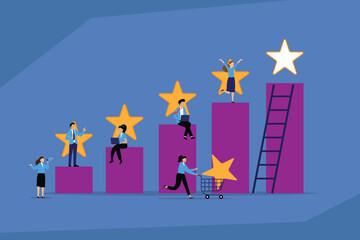 Customer Star Rating: A Business Team Works Together to Improve Service and Performance, Symbolized by Stars on a Growing Bar Chart 2d flat vector illustration