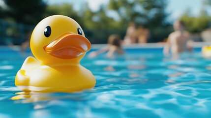 Yellow Rubber Duck in Swimming Pool, Summer Splashing, Children's Toy, Family Leisure Material