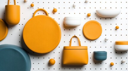 A colorful arrangement of circular and bag-shaped objects in yellow, blue, and white against a textured background, ideal for showcasing product design, decor, or fashion concepts,