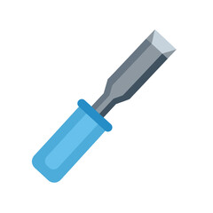 Blue handled metal chisel tool isolated on white background for woodworking or construction.
