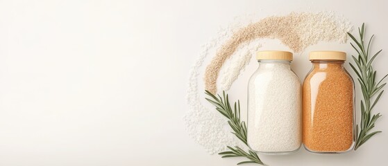 Two glass bottles filled with grains are placed on white surface surrounded by rosemary and flour of different colors forming arcs