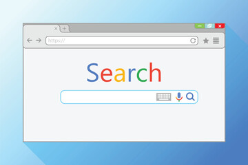 Web browser window on blue background. Search engine in Internet Explorer illustration.