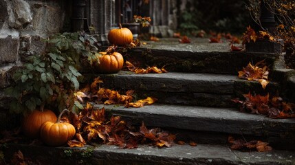 Obraz premium Autumn pumpkins on stone steps, foliage, moody exterior