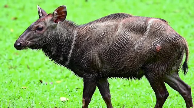 Majestic Bushbuck Antelope with Distinctive White Stripes Standing in Lush Green Grassland, Wildlife in Natural African Habitat