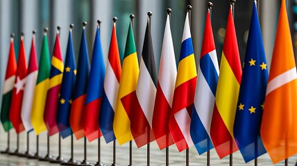 Row of international flags displayed outdoors representing global unity and nations
