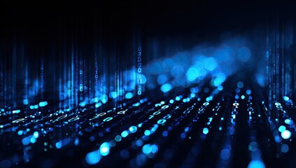 Abstract digital code background with glowing blue particles