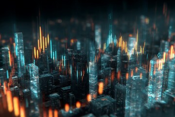 Dynamic futuristic cityscape showcasing financial market trends and data visualization for business growth