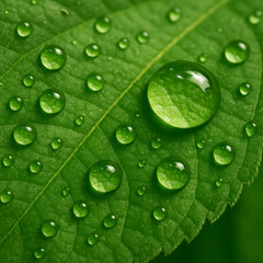 Macro shot of water droplets on a vibrant green leaf, showcasing nature's beauty.