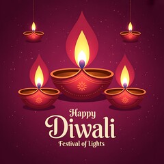 Happy diwali festival of lights with decorative oil lamps and bright flames