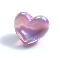 Iridescent glass heart with holographic pink and purple gradient effect on white background, isolated romantic symbol for valentines designs and love concepts.