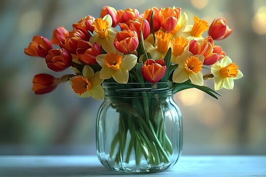Fresh spring bouquet of orange tulips and yellow daffodils arranged in glass mason jar with soft bokeh background, natural window lighting creates warm mood. - Powered by Adobe