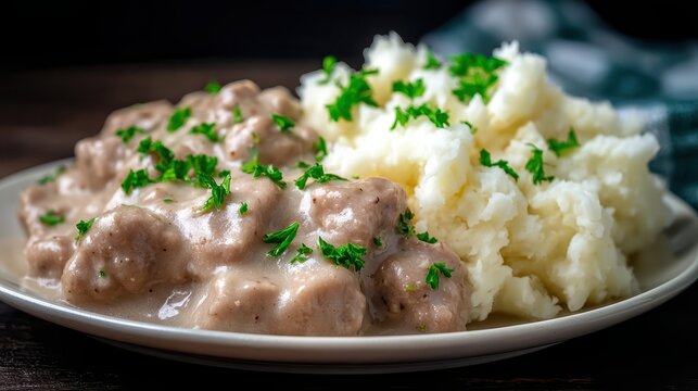 A delicious plate featuring tender meatballs covered in creamy gravy, paired with fluffy mashed potatoes and garnished with parsley, Ideal for food blogs, cookbooks, or menu designs,