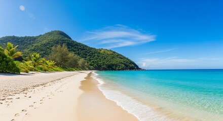 Fototapeta premium Tropical beach with turquoise water and lush green hills under a clear blue sky.