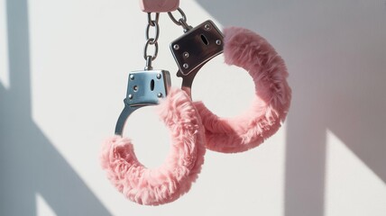 Pair of metal handcuffs with soft pink faux fur hanging against a white wall with dramatic shadows in daylight