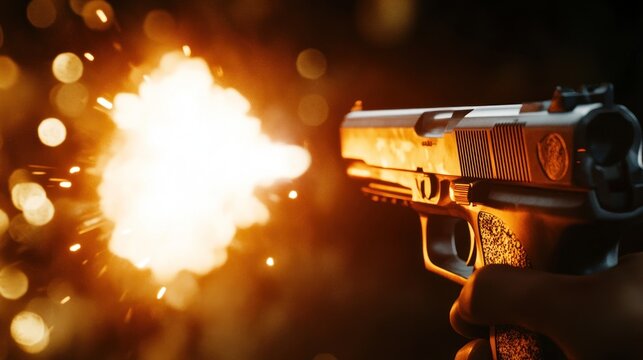 A hand holds a gun firing, with a bright flash