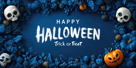 White skulls, pumpkins, bats and blue leaves are framing a happy halloween greeting on a light blue background, creating a spooky and festive atmosphere for trick or treat