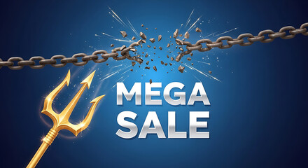 Golden trident and broken chain symbolizing mega sale announcement