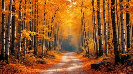 Scenic autumn forest with golden orange foliage and birch trees flanking a winding dirt path under warm natural light