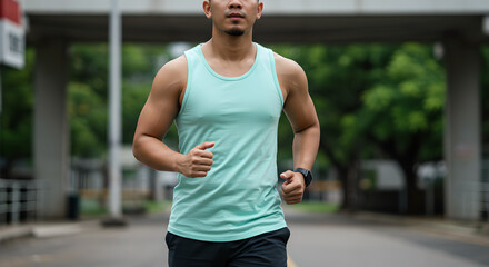 Young Asian man jogging outdoors, wearing a green mint tank top
