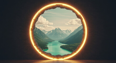 Stunning portal to mountain lake landscape with neon glow effect