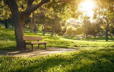 Serene Park Bench Under Sunlight: A Peaceful Scene of Nature's Embrace