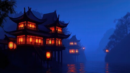 Obraz premium A serene night scene featuring traditional Asian-style pagodas illuminated by warm lanterns, set against a tranquil water backdrop, This image is perfect for travel, culture, and relaxation themes,
