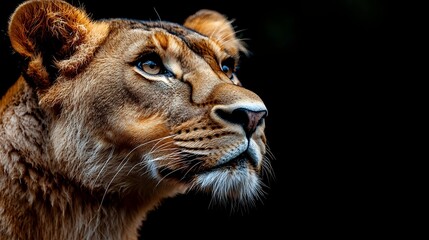 Obraz premium Majestic lioness head in profile against dark background showcasing intense blue eyes, detailed facial features and golden-brown fur in dramatic lighting.