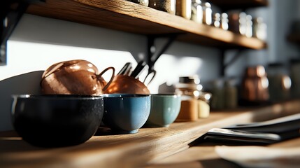 Rustic kitchen shelving with ceramic bowls and copper cookware against white wall, warm morning light creating cozy atmosphere in modern farmhouse interior.