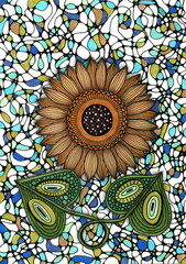 Bright decorative sunflower with large orange-brown petals and a dark core, made in an ornamental style. The background is filled with a mosaic pattern of small multi-colored spots.