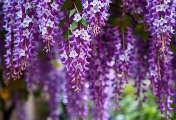Obraz premium Delicate wisteria blossoms in purple, white, and pink cascading down, image, nature