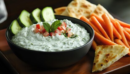 Creamy herb yogurt dip garnished with diced tomatoes and mint leaves in black bowl, served with fresh cucumber slices, carrots and pita bread triangles.