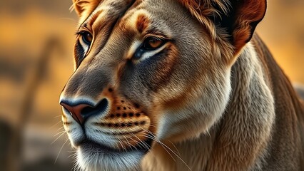 Powerful lioness portrait with detailed fur texture and soft savanna backdrop.