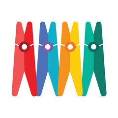 A vibrant and colorful collection of realistic wooden and plastic clothes pegs perfect for laundry and craft projects presented as a clean vector illustration