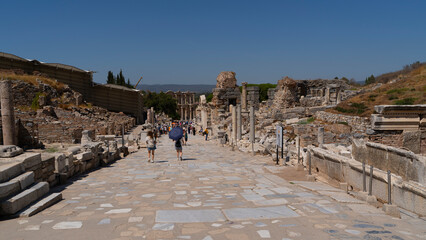 View of Curetes Street and Celsus Library in Ancient Ephesus