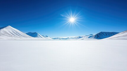 A serene winter landscape featuring majestic mountains under a clear blue sky, illuminated by a bright sun, Ideal for travel brochures, nature conservation projects, or winter event promotions,