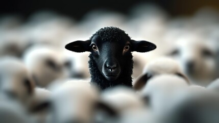 Black sheep standing out from white flock, close up portrait with selective focus. Concept of individuality, uniqueness and being different in crowd.