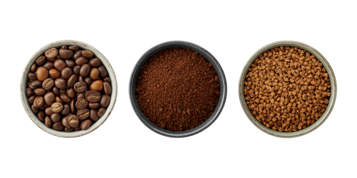 A transparent PNG image showcasing three small bowls of coffee beans, ground coffee, and instant coffee, perfect for International Coffee Day celebrations.