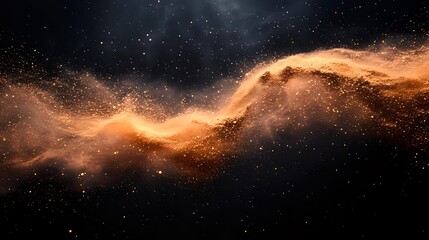 Cosmic nebula formation with glowing golden dust particles and stars against dark space background, abstract celestial phenomenon in deep universe.